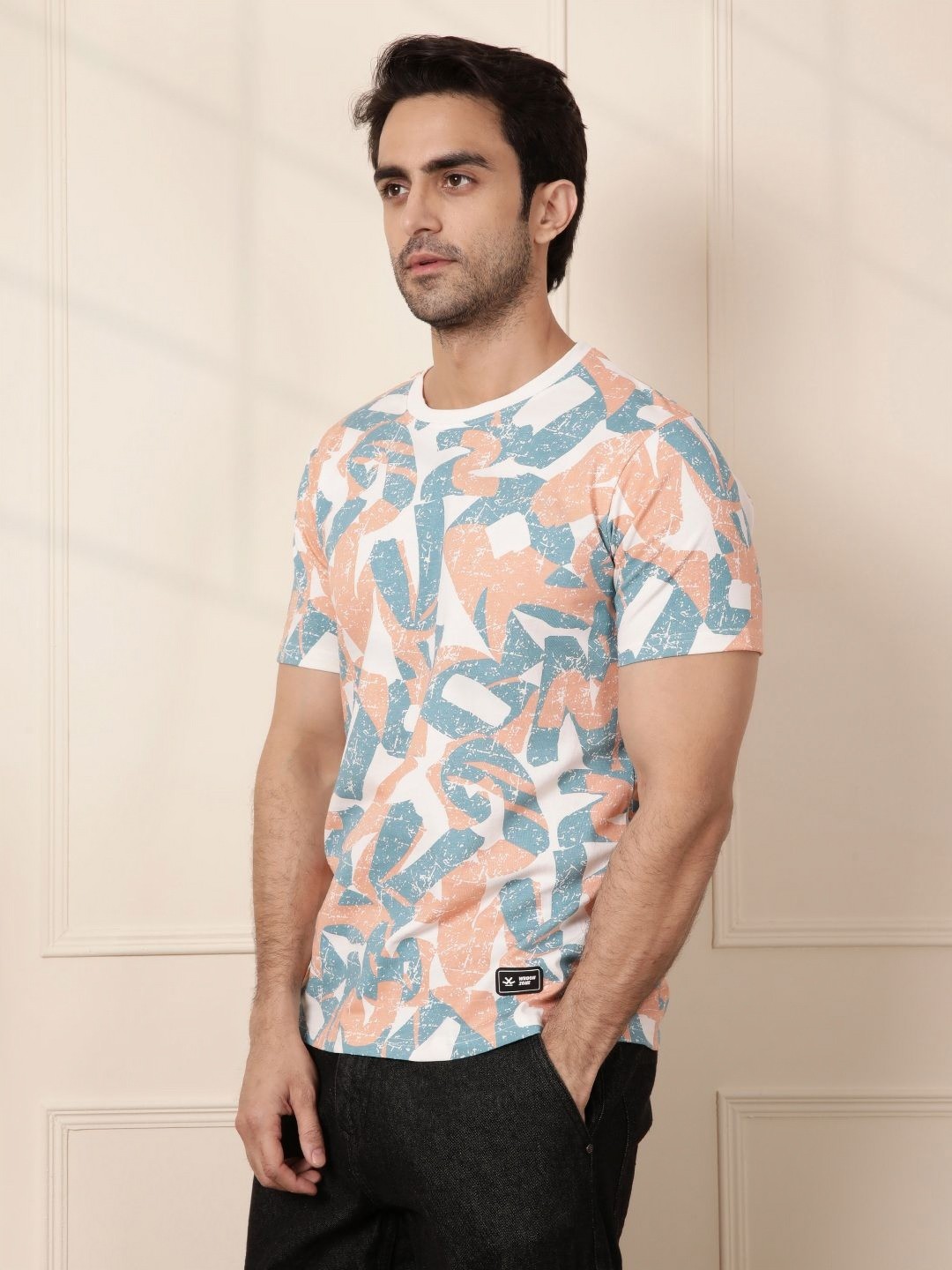 

WROGN Men Abstract Printed Round Neck Cotton Slim Fit T-shirt, Off white