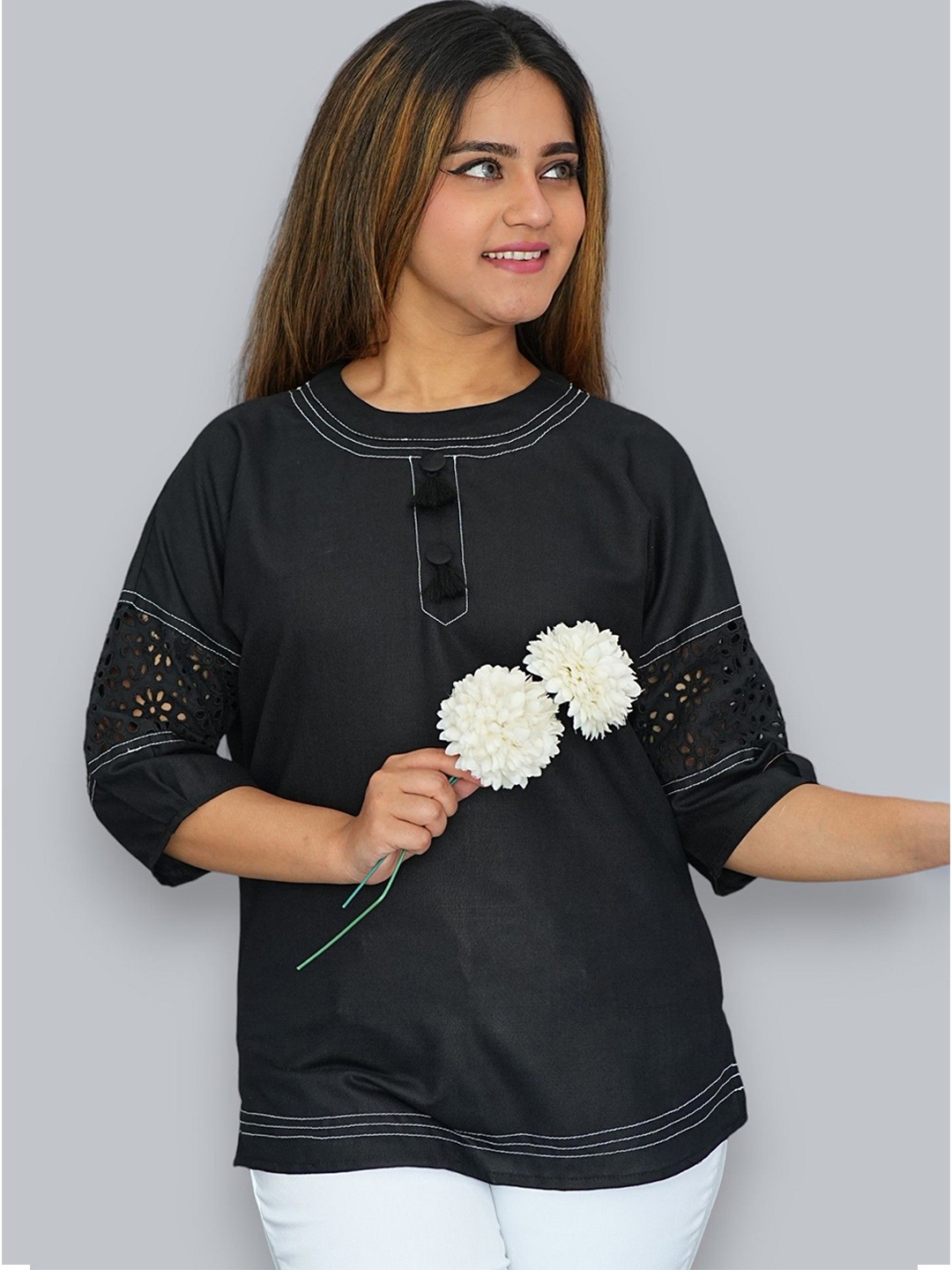 

BELLO DONA CLOTHING Women Round Neck Three Quarter Sleeve Lace-Up Top, Black