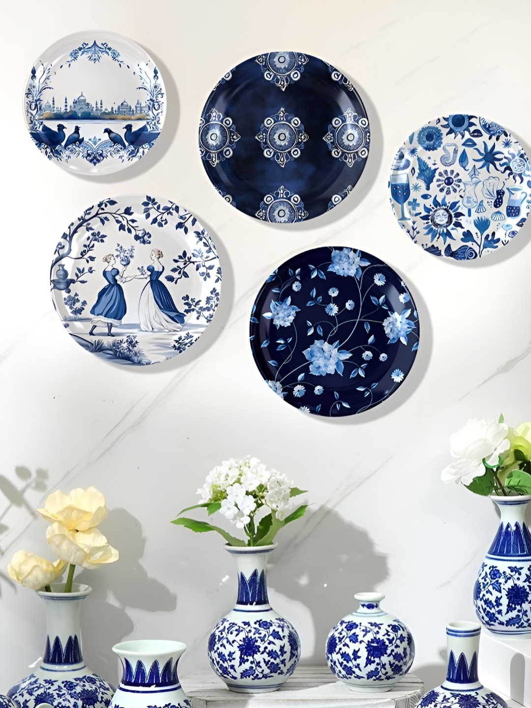 

Homscape Blue & White 5 Pieces Floral Printed Delft Art Ceramic Wall Plates