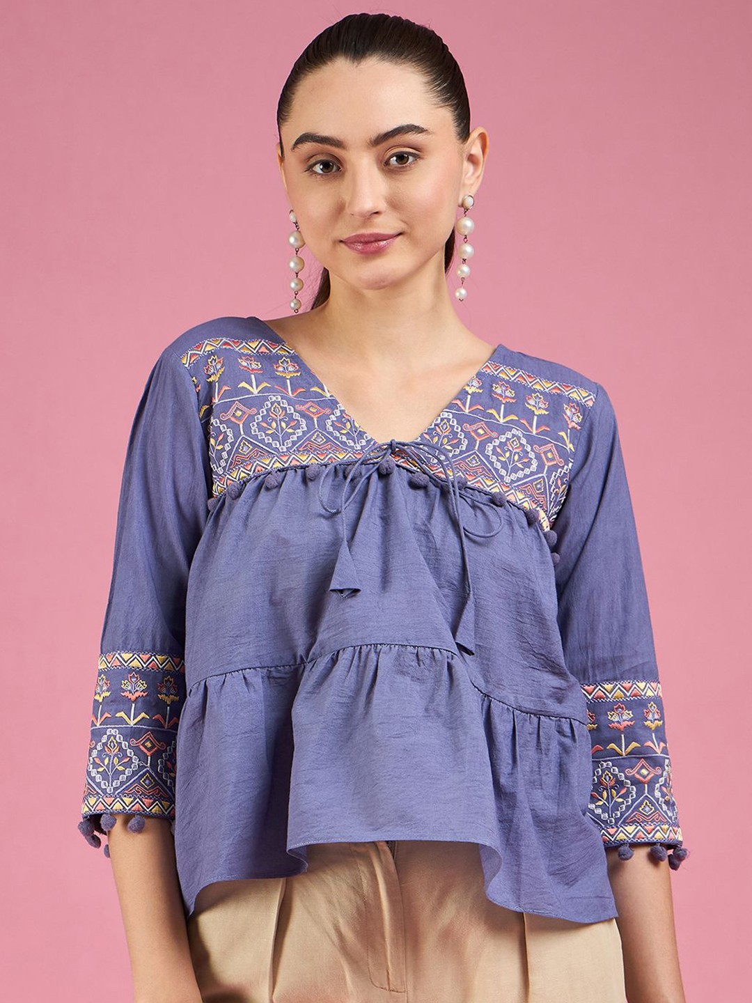 

all about you Women Floral Embroidered Tiered Cotton Top, Lavender