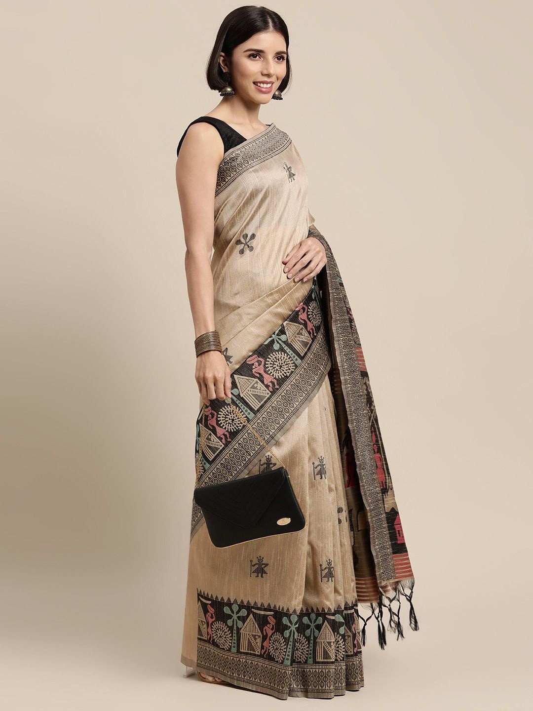 

DIVASTRI Kalamkari Printed Bhagalpuri Saree, Beige