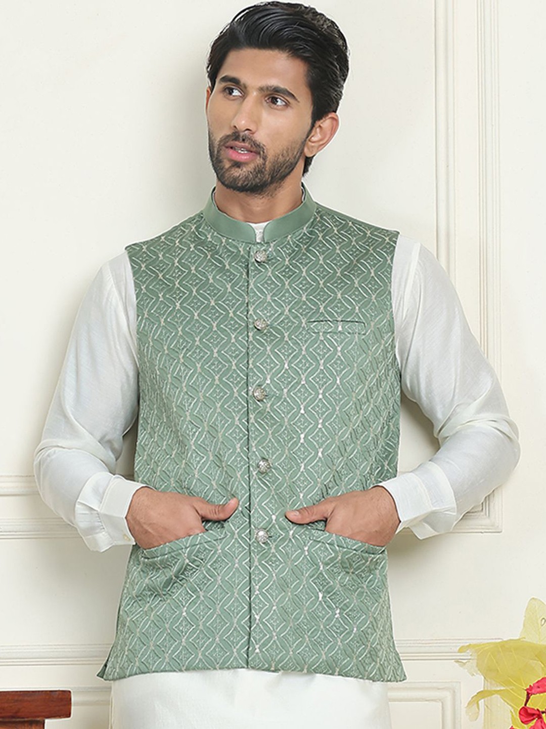 

Anouk Embroidered Woven Mandarin Collar Neck Nehru Jacket, Green