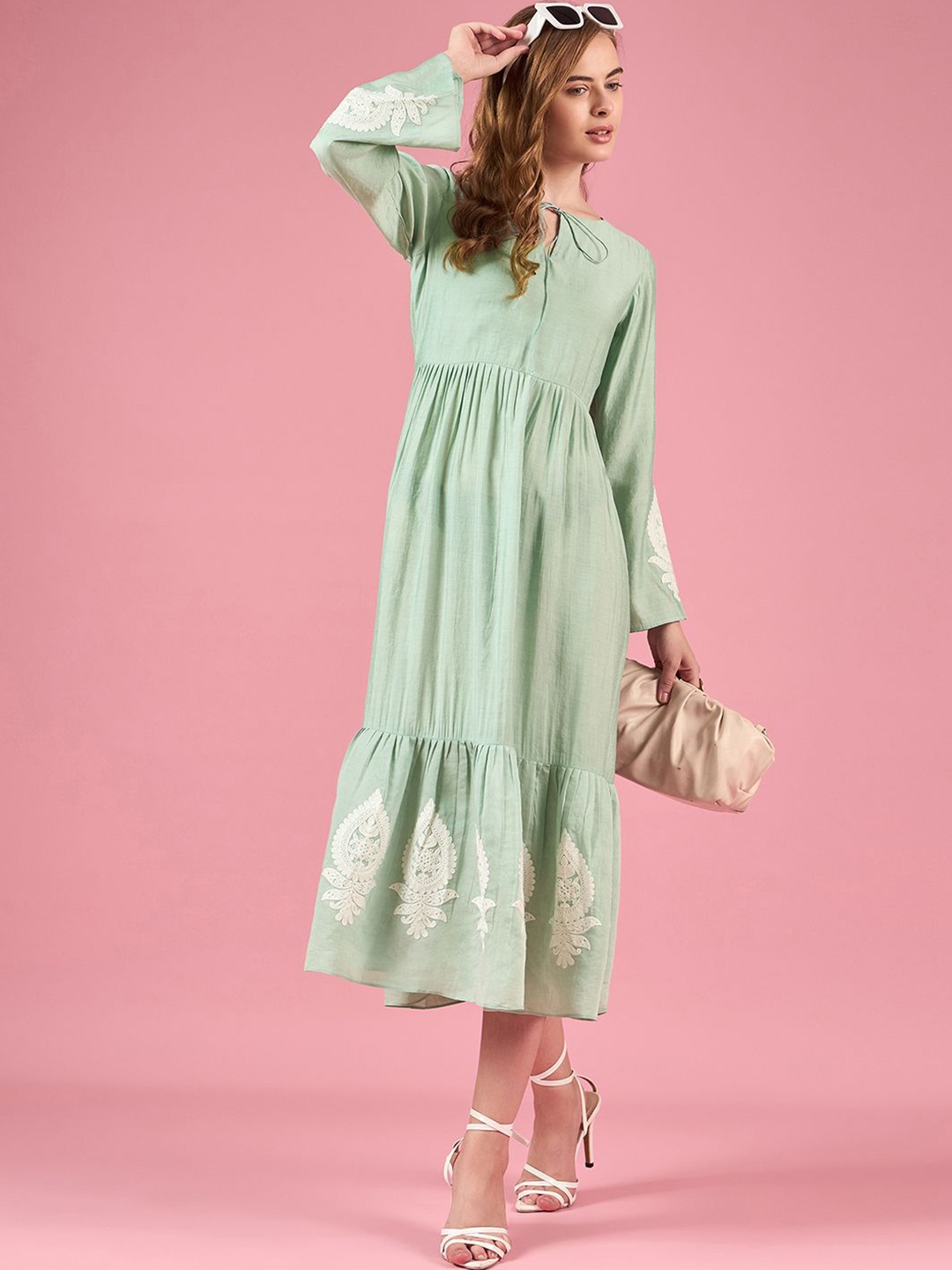 

all about you Women Bohemian Embroidered Bell Sleeve Fit & Flare Midi Dress, Green