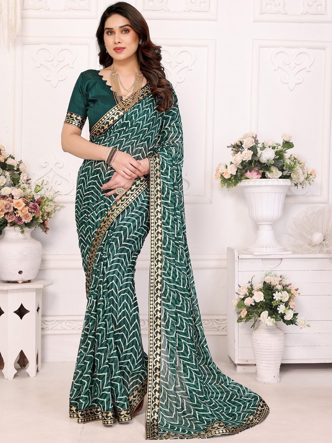 

KALINI Poly Georgette Half and Half Saree, Green