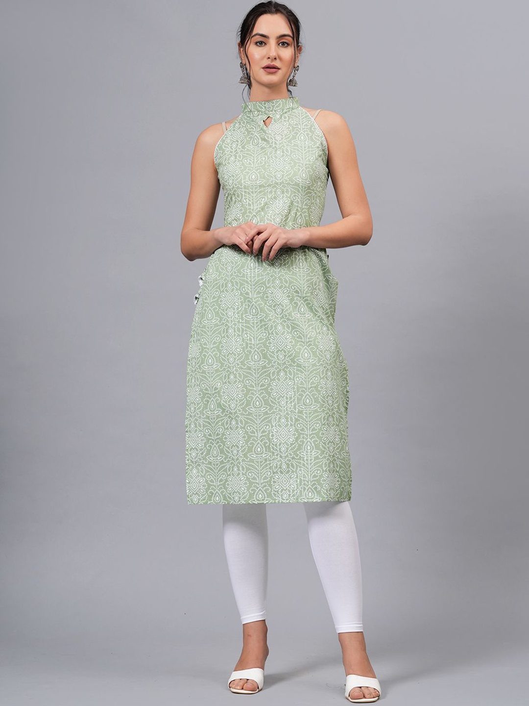 

HIGHLIGHT FASHION EXPORT Bandhani Printed Keyhole Neck Cotton Straight Kurta, Green
