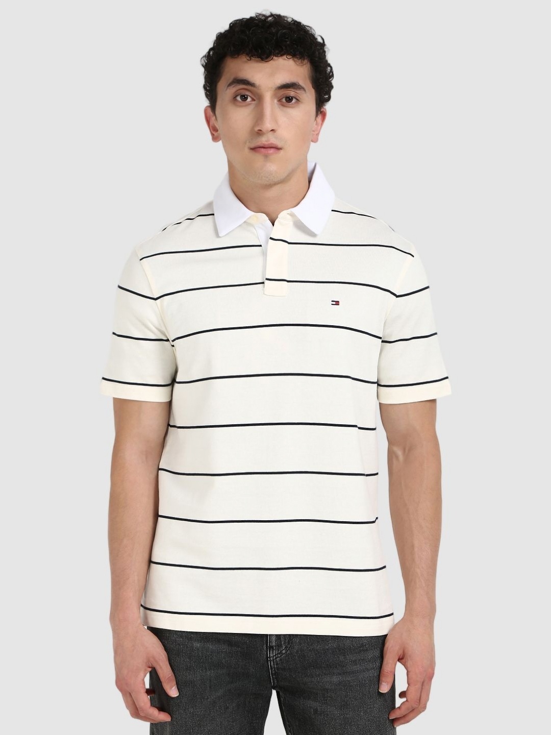 

Tommy Hilfiger Men Striped Polo Collar Cotton T-shirt, Off white