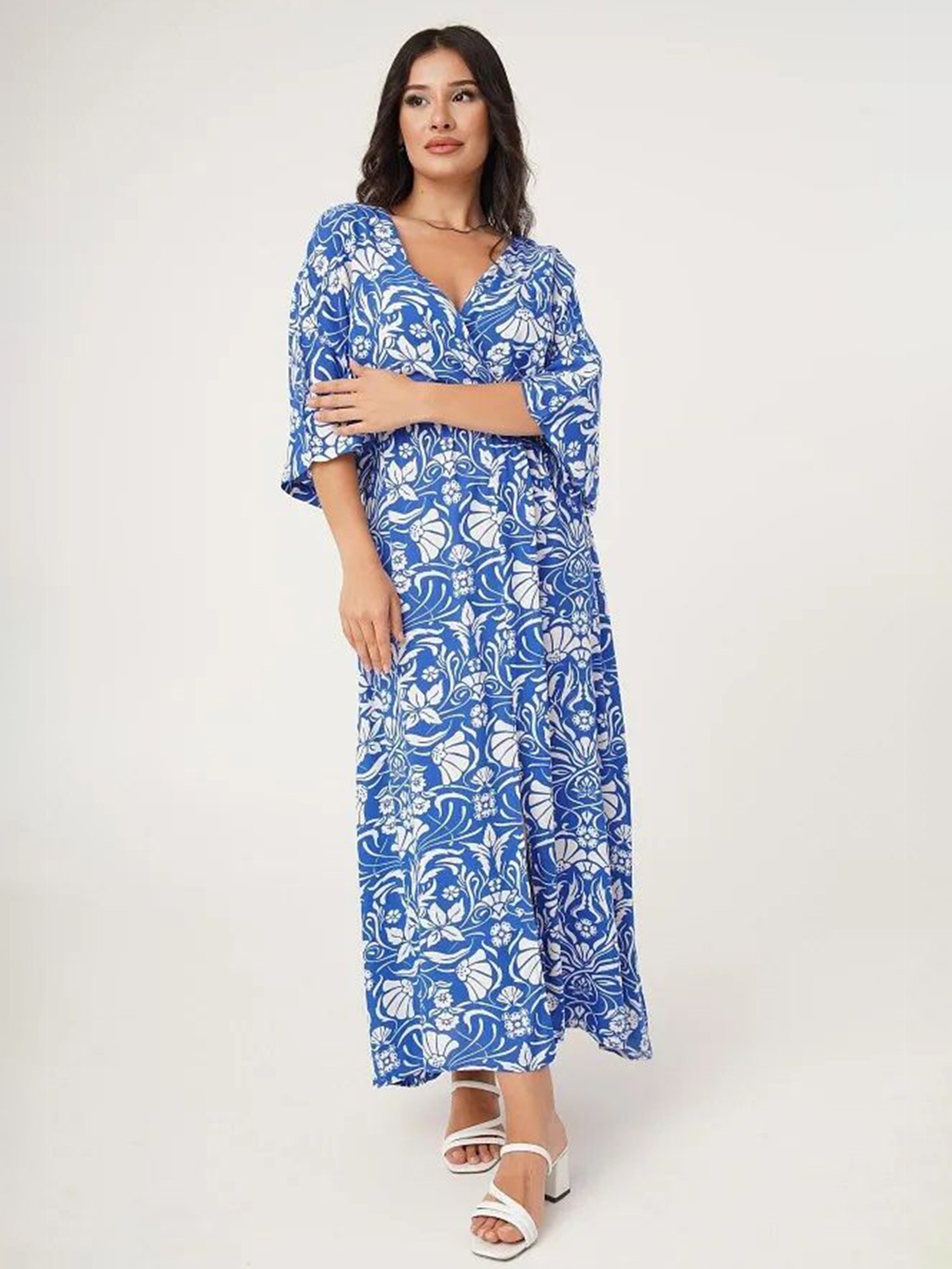 

PIMU Floral Printed V-Neck Flared Sleeve Wrap Maxi Dress, Blue