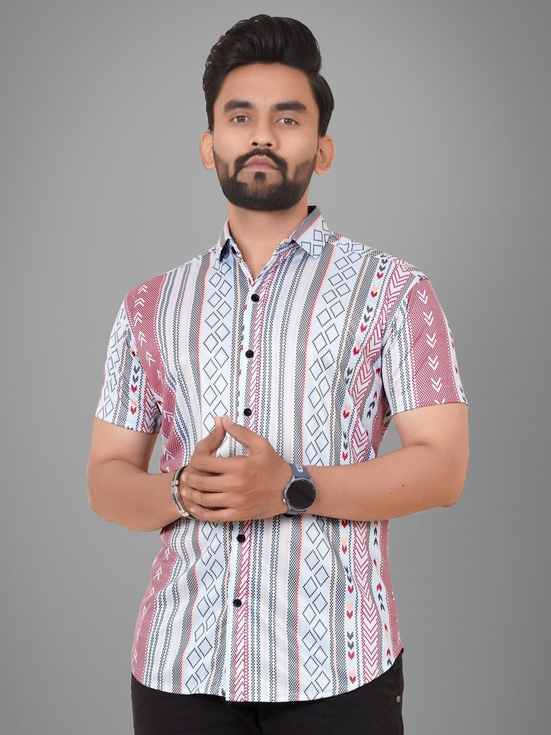 

Metronaut Men Regular Fit Spread Collar Geometric Printed Elastane Casual Shirt, White