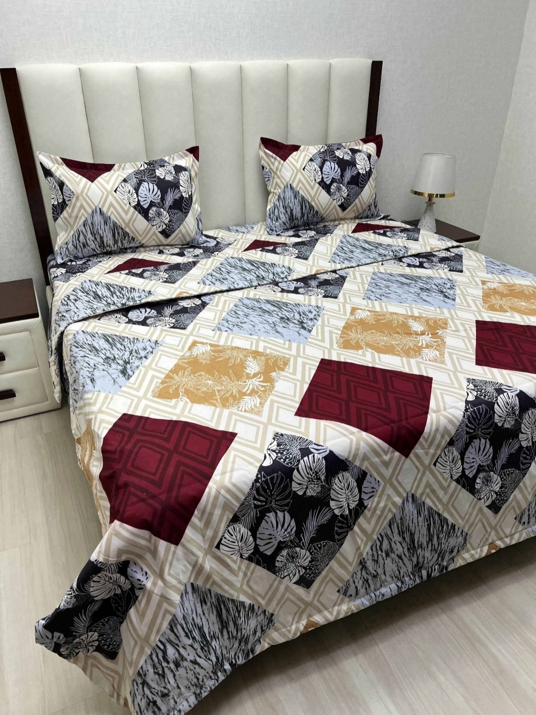 

Pure Decor Beige And Maroon Floral Printed Double King Superfine Bedding Set