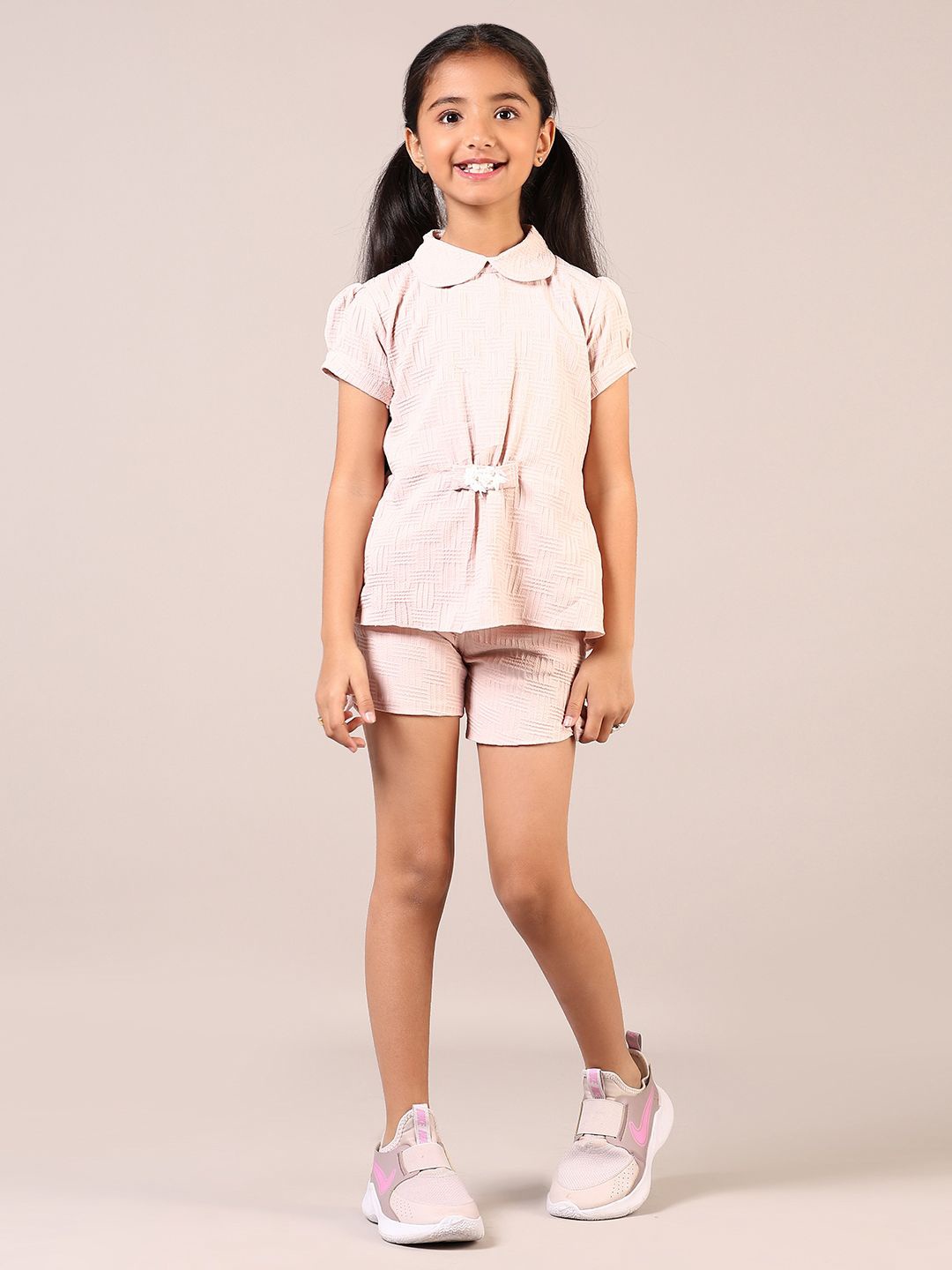 

V-Mart Peter Pan Collar Puffed Sleeves Top With Shorts, Pink