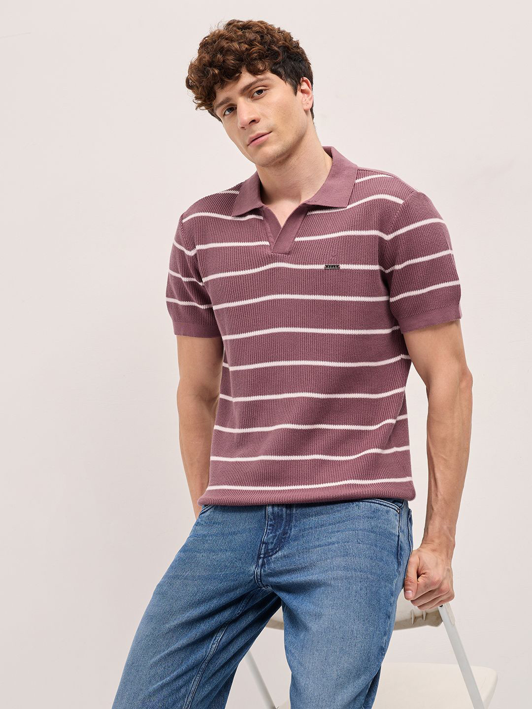

THE BEAR HOUSE Men Striped Polo Collar Cotton Slim Fit T-shirt, Mauve