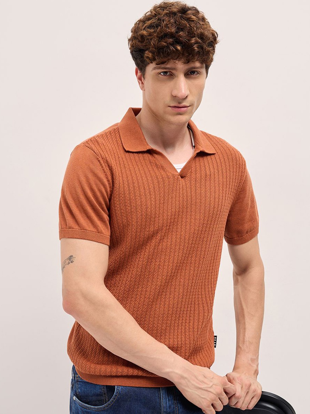 

THE BEAR HOUSE Men Self Design Polo Collar Cotton Slim Fit T-shirt, Orange