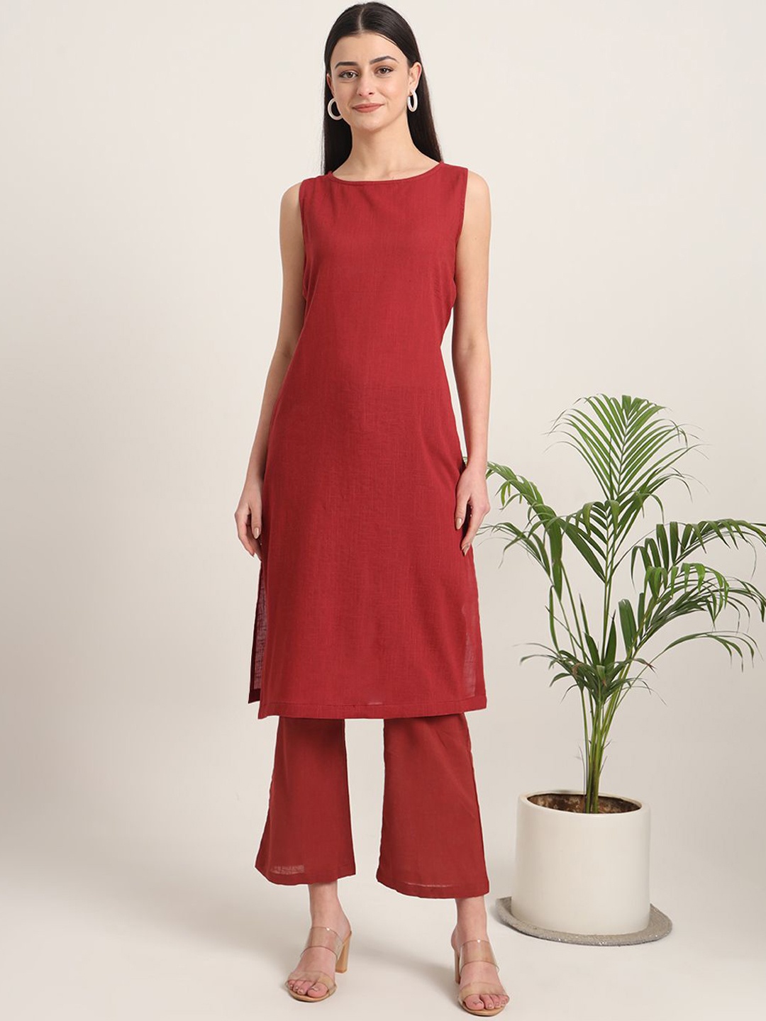 

Thevasa Boat Neck Pure Cotton Tunic & Trouser, Red