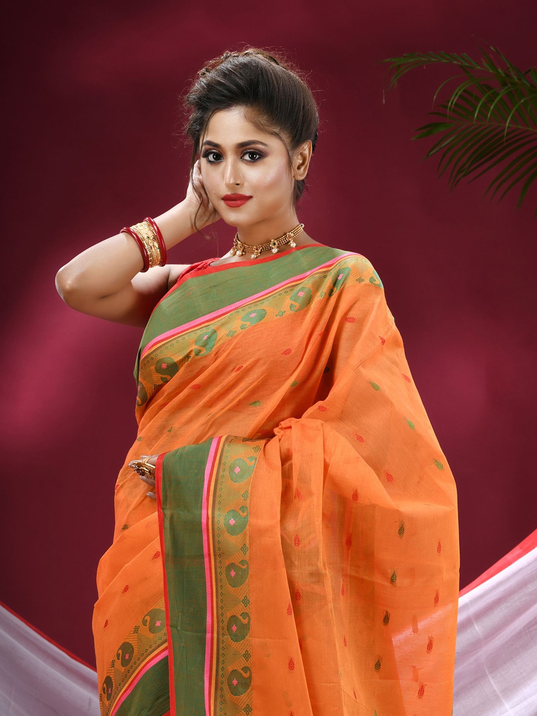 

TANTLOOM Ethnic Motifs Pure Cotton Taant Saree, Orange