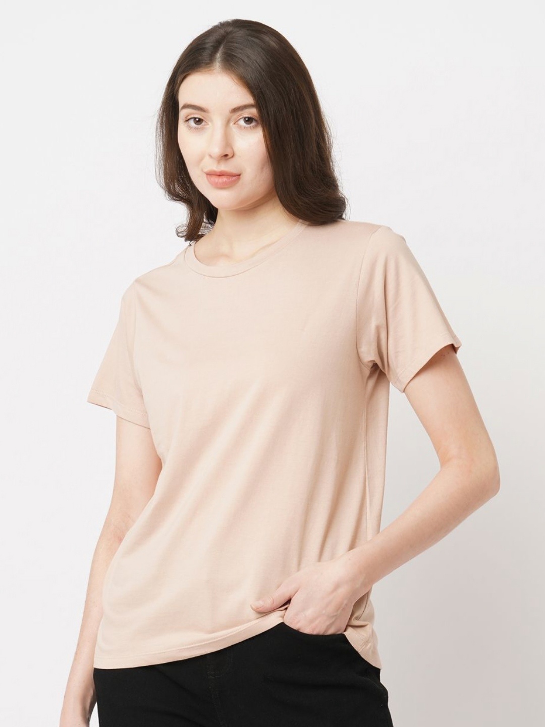 

Mast & Harbour Women Solid Round Neck Cotton T-shirt, Beige