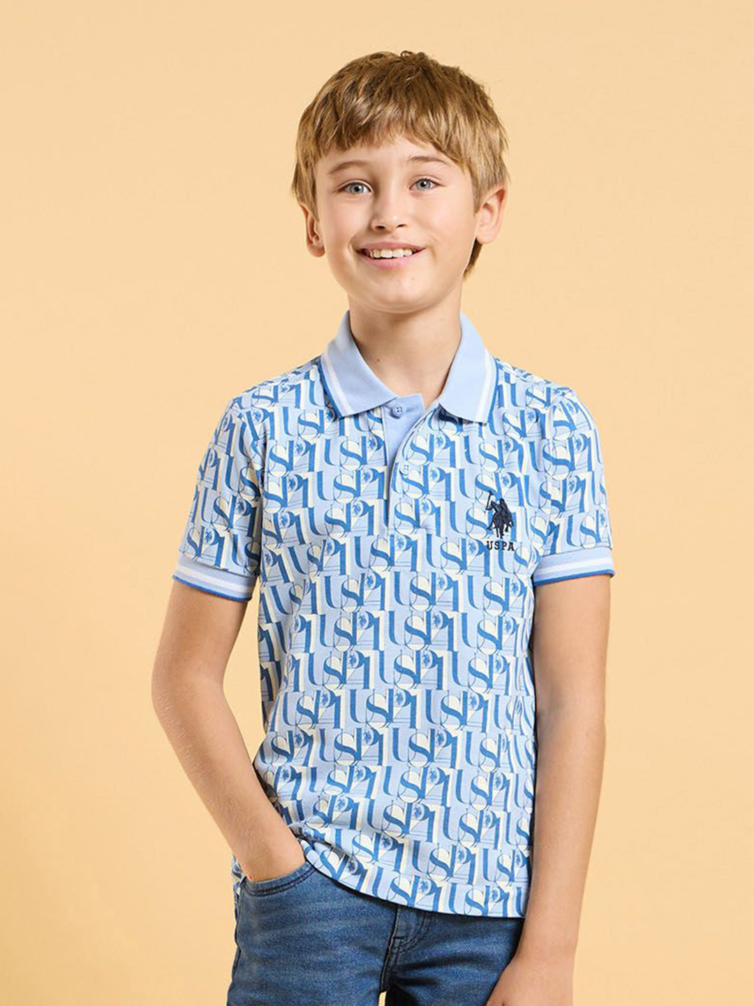 

U.S. Polo Assn. Kids Boys Typography Printed Polo Collar Cotton T-shirt, Blue
