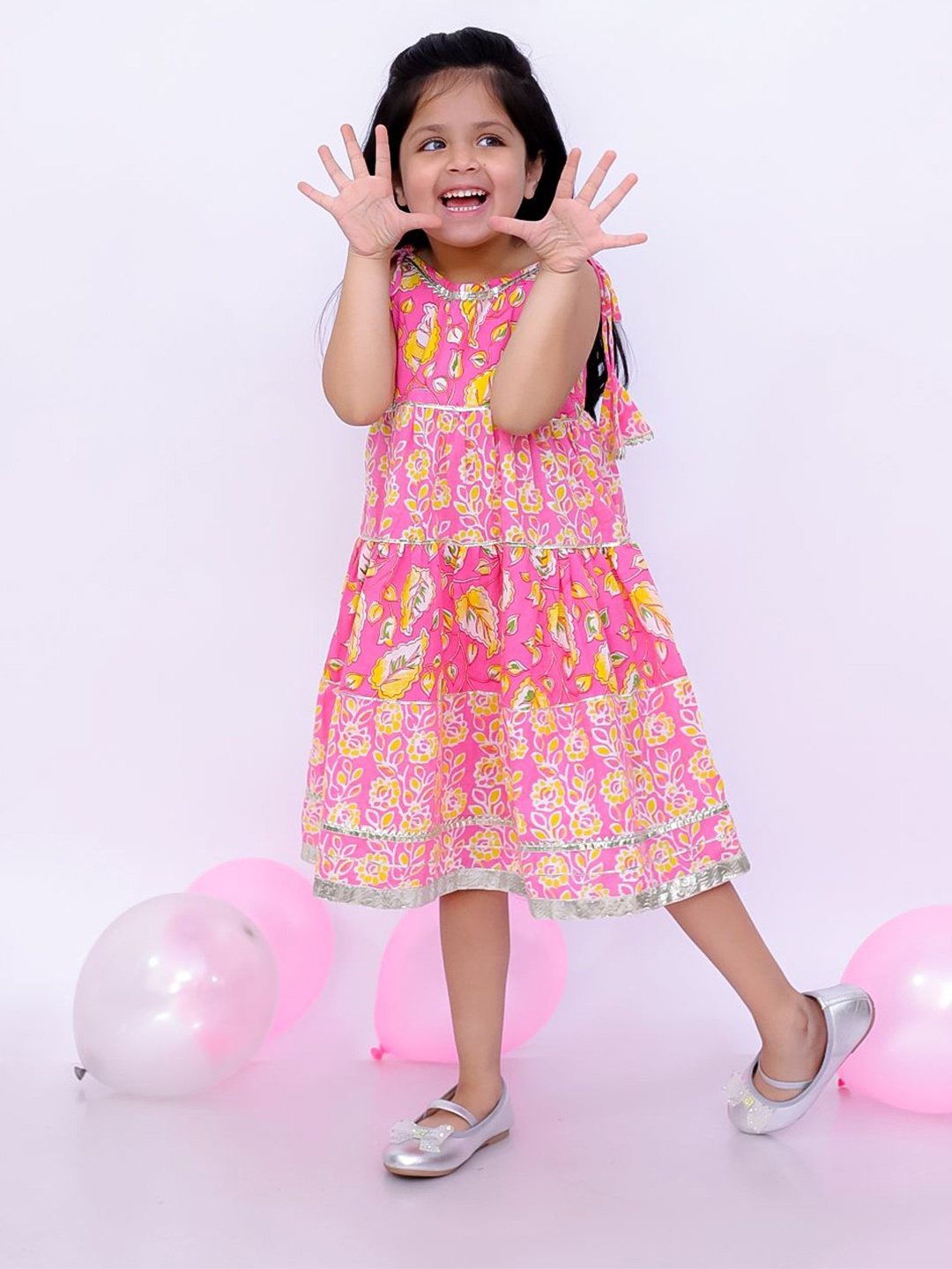 

BownBee Girls Floral Printed Cotton A-Line Midi Dress, Pink