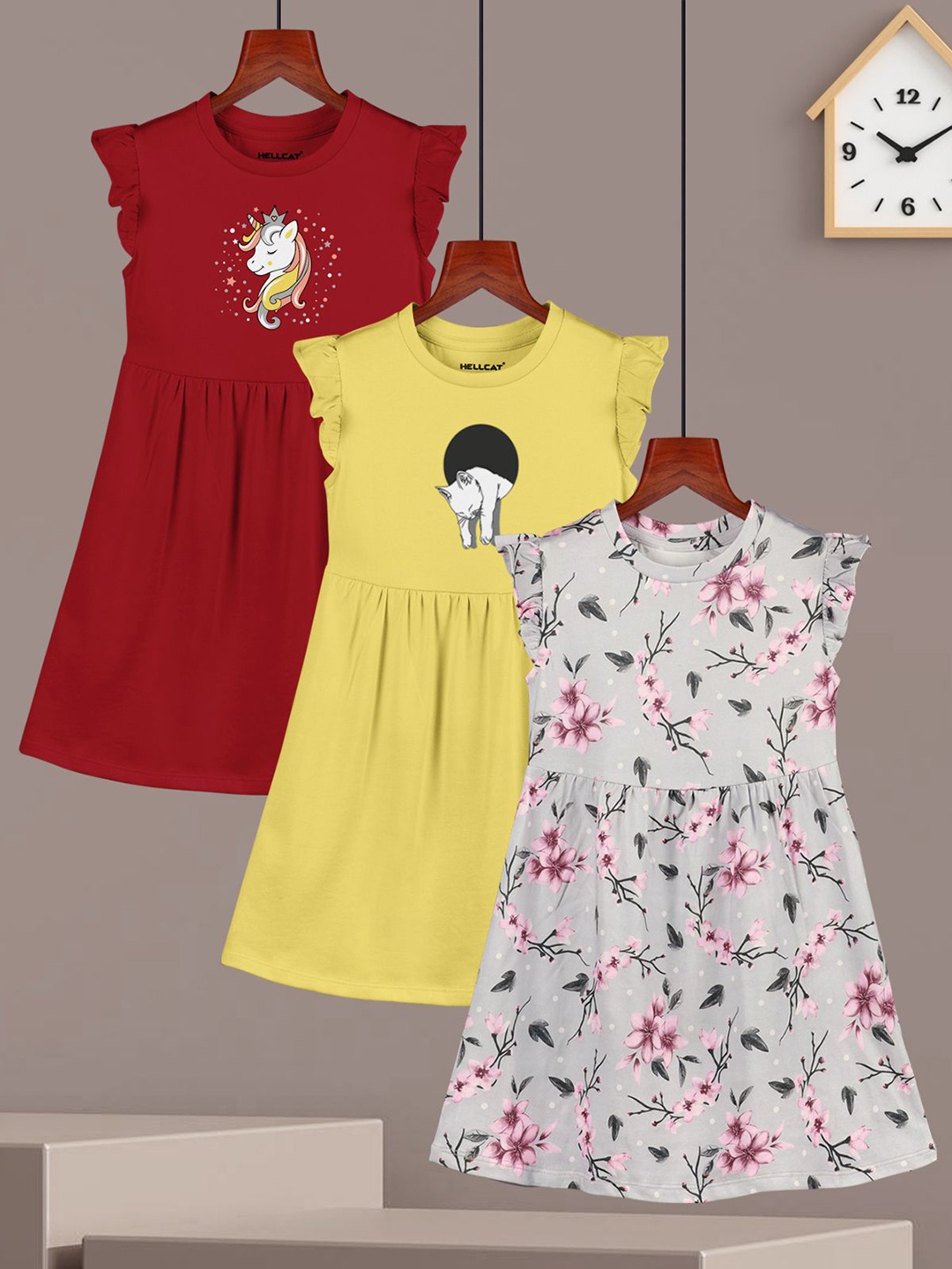 

HELLCAT Girls Pack Of 3 Girl Graphic Print Fit & Flare Dress, Red