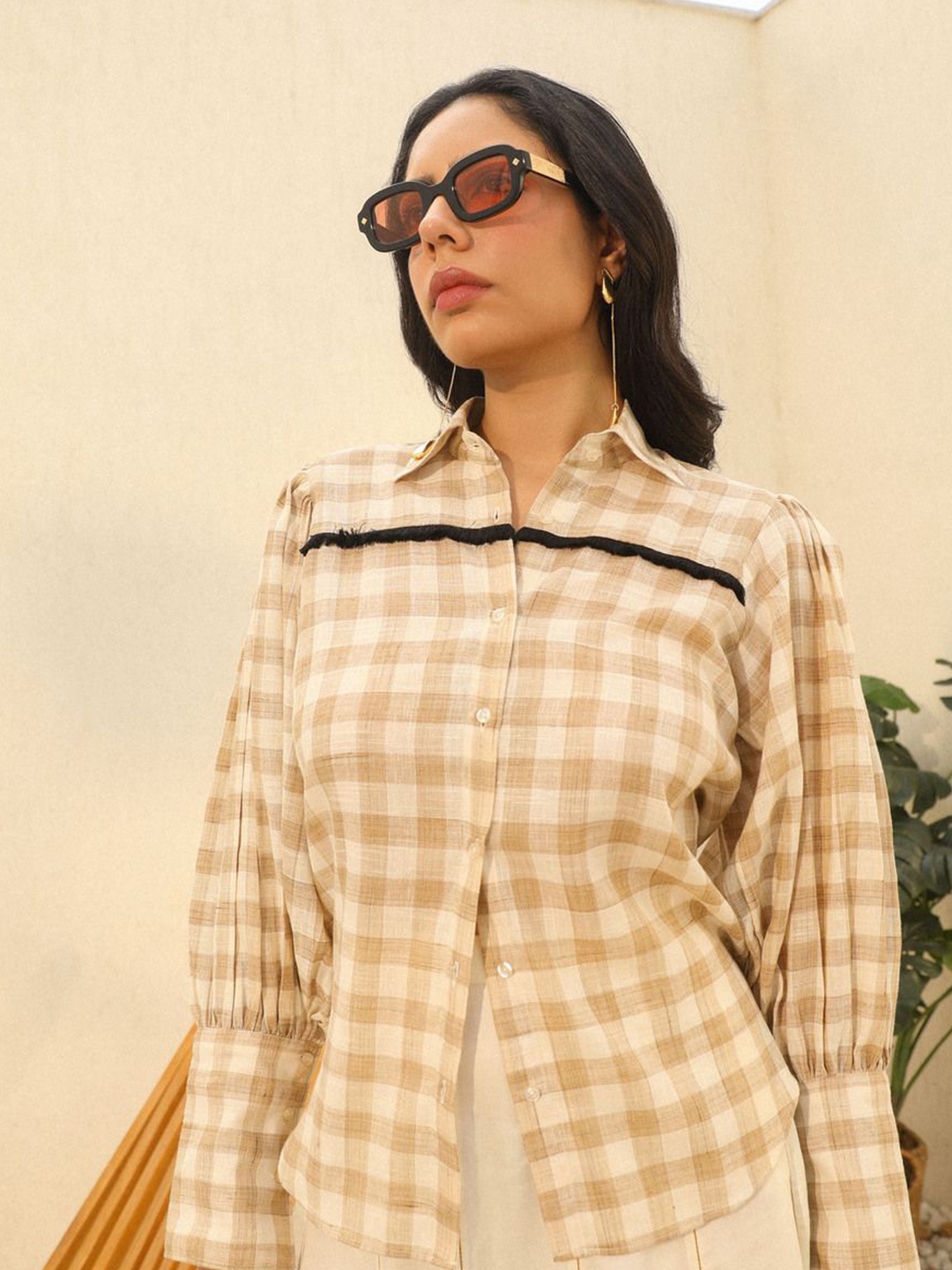 

YA-SA Women Comfort Relaxed Fit Spread Collar Gingham Checked Linen Casual Shirt, Beige