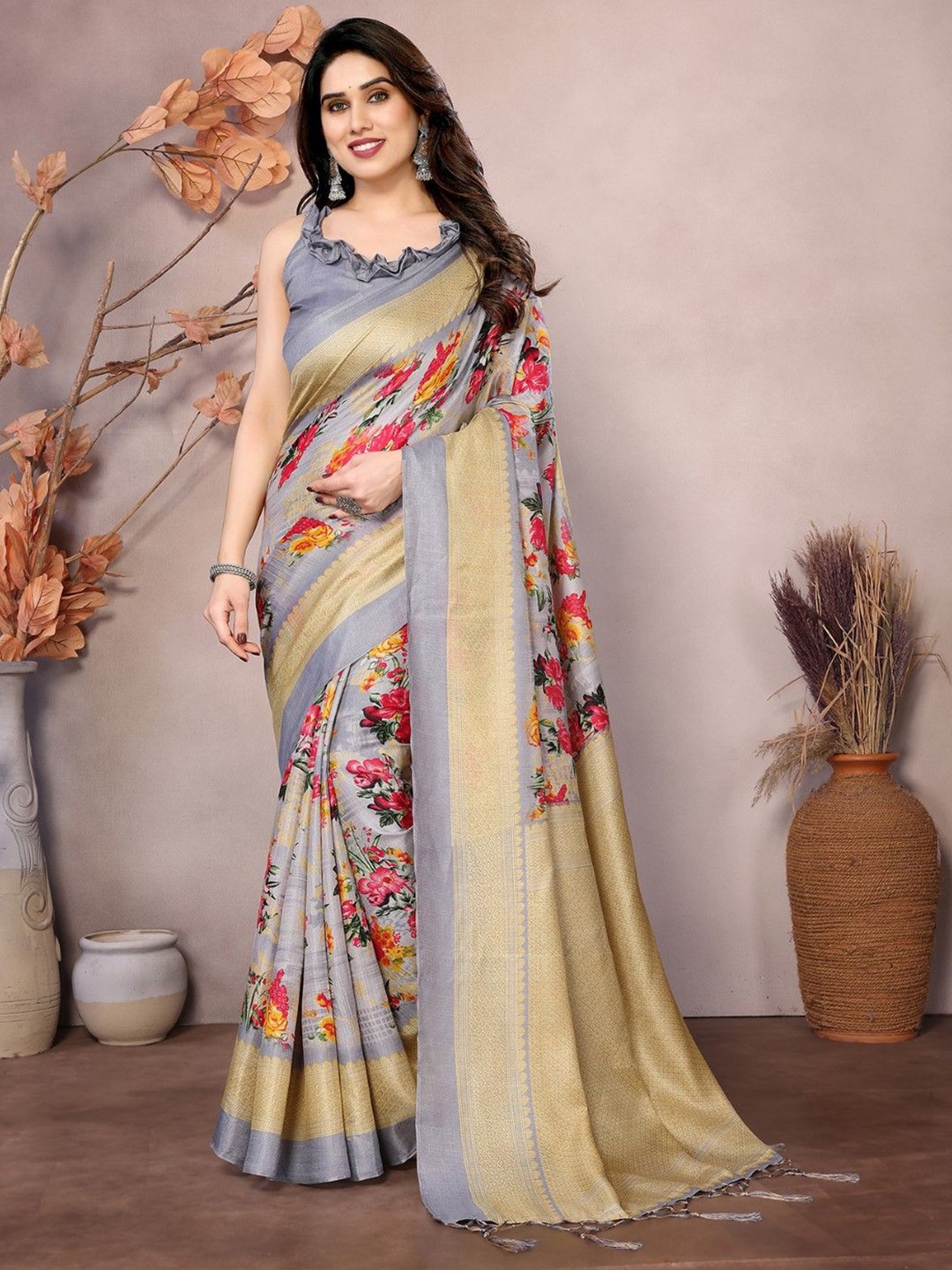 

KALINI Floral Printed Zari Saree, Grey