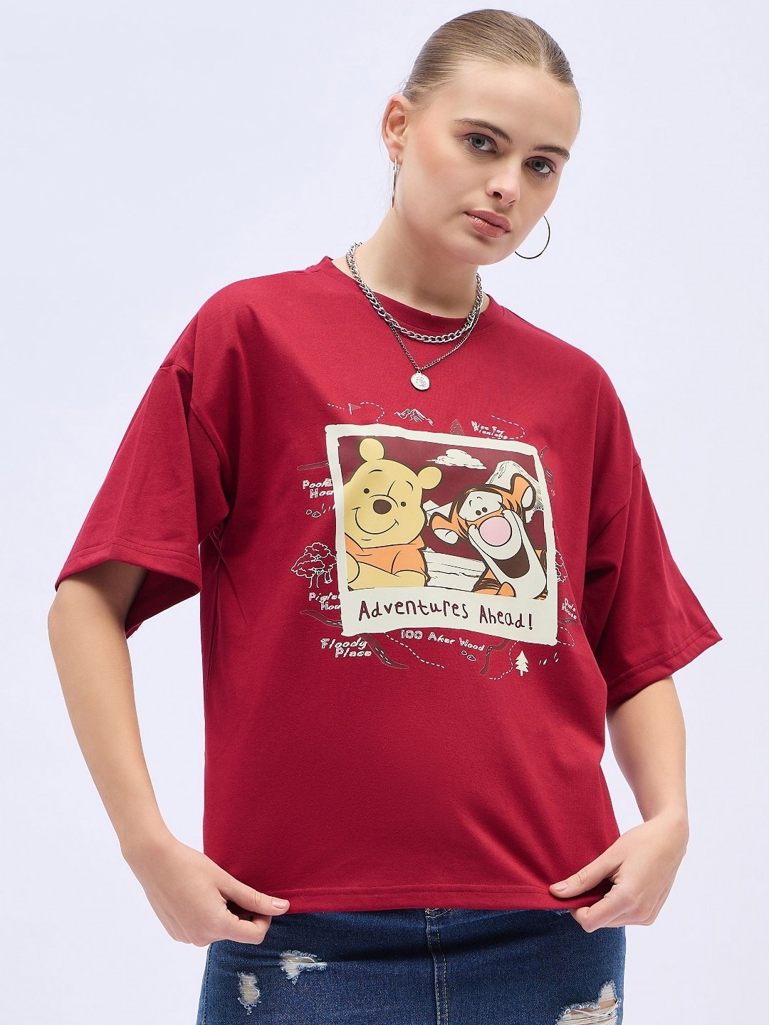 

DressBerry Women Winnie The Pooh Graphic Printed Round Neck Cotton Oversized T-shirt, Red