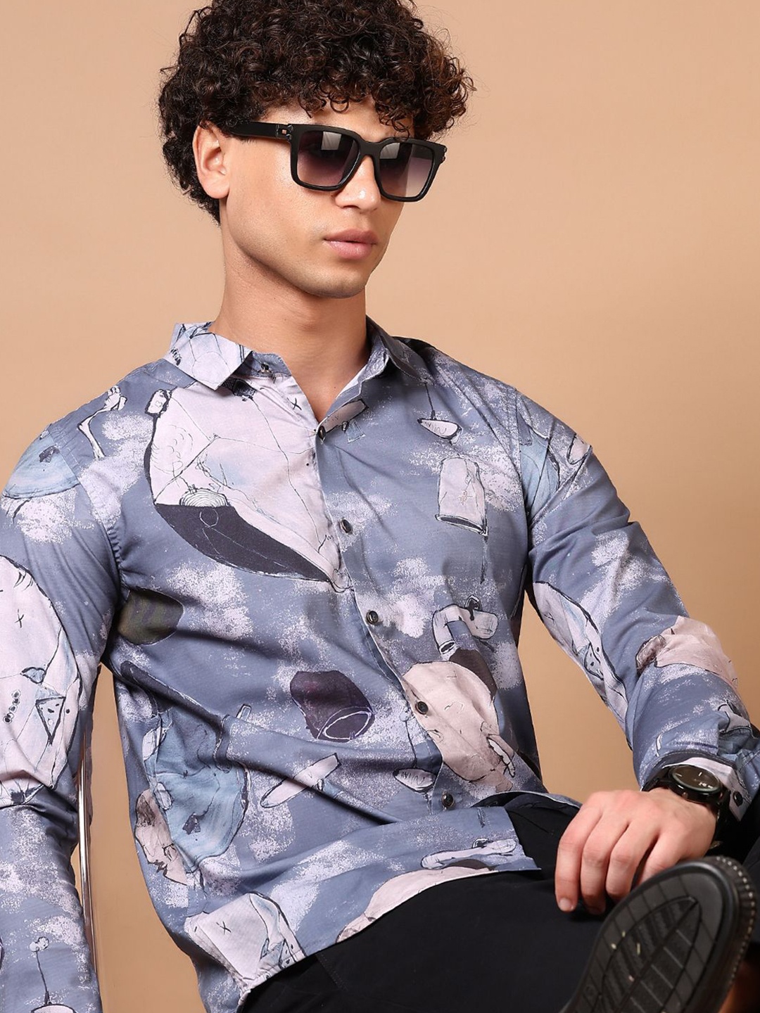 

V-Mart Men Spread Collar Abstract Printed Cotton Casual Shirt, Blue
