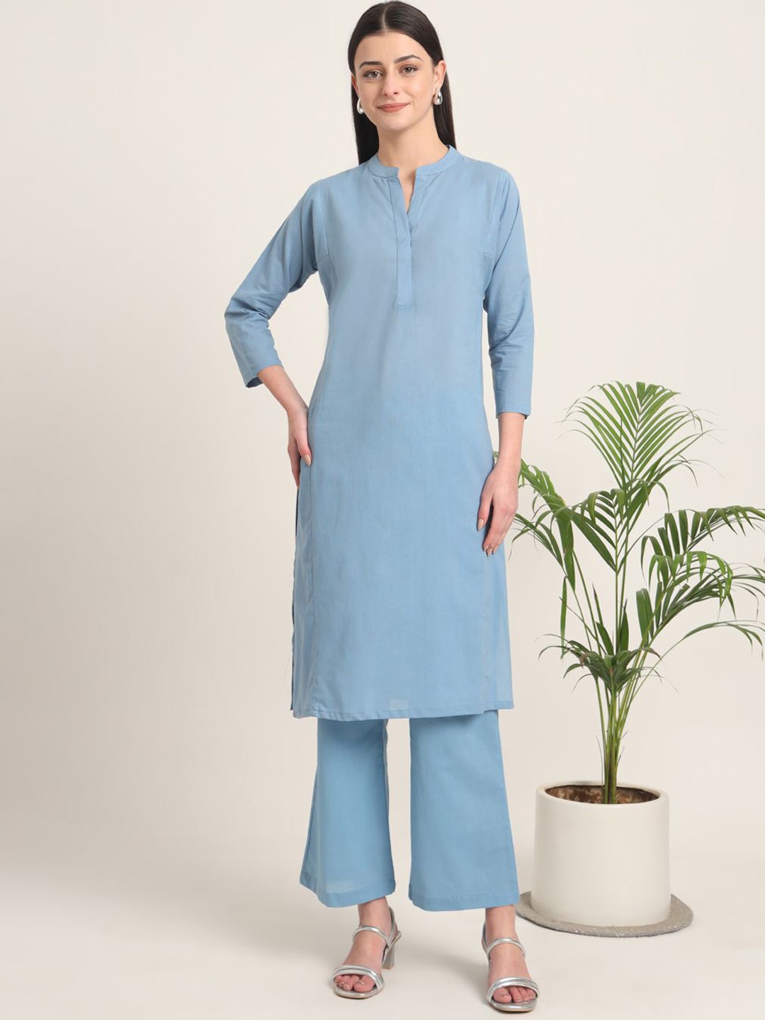 

Thevasa Everyday Bliss Mandarin Collar Pure Cotton Tunic With Trousers, Blue