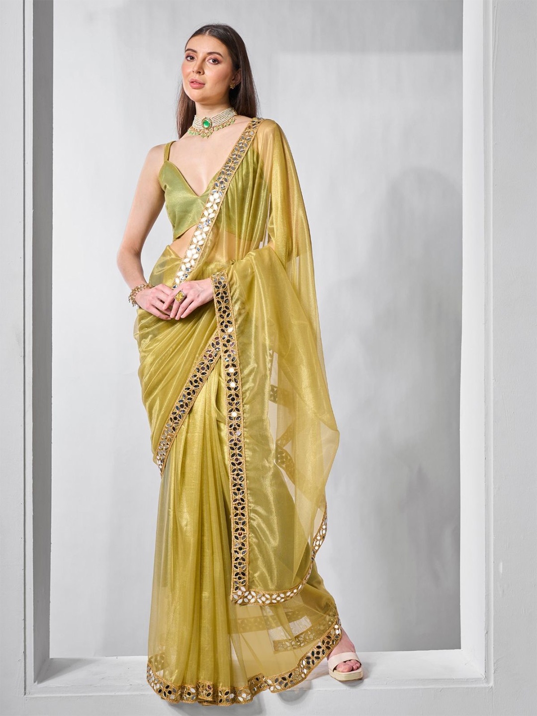 

ODETTE Mirror Work Green Net Solid Saree With Unstitched Blouse For Women