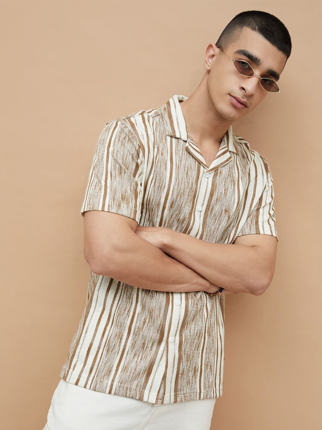 

Fame Forever by Lifestyle Men Cuban Collar Vertical Striped Cotton Casual Shirt, Tan