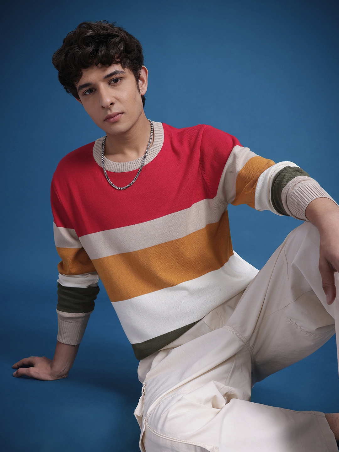 

The Roadster Lifestyle Co. Colourblocked Striped Pure Cotton Pullover, Red