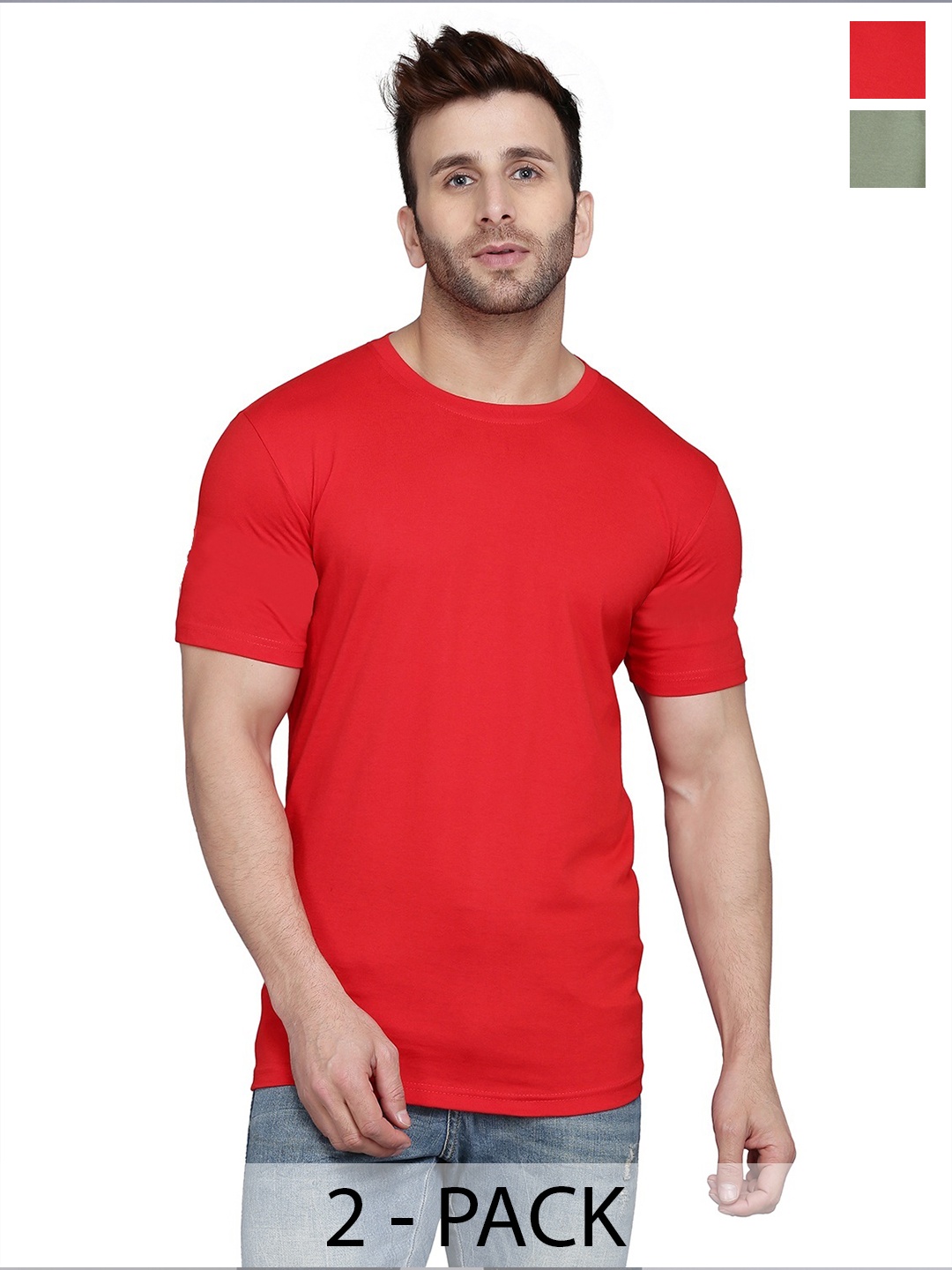 

WOOSTRO Men Pack Of 2 Solid Round Neck Cotton Slim Fit T-shirts, Green