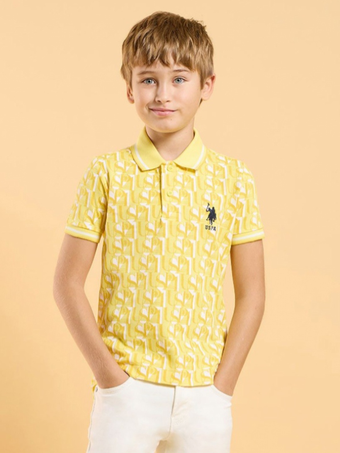 

U.S. Polo Assn. Kids Boys Typography Printed Polo Collar Cotton T-shirt, Yellow