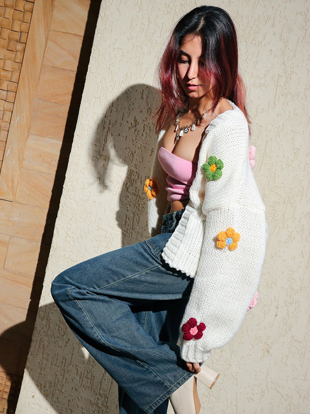 

FREAKINS Women Oversized Multicolour Flower Cardigan, White