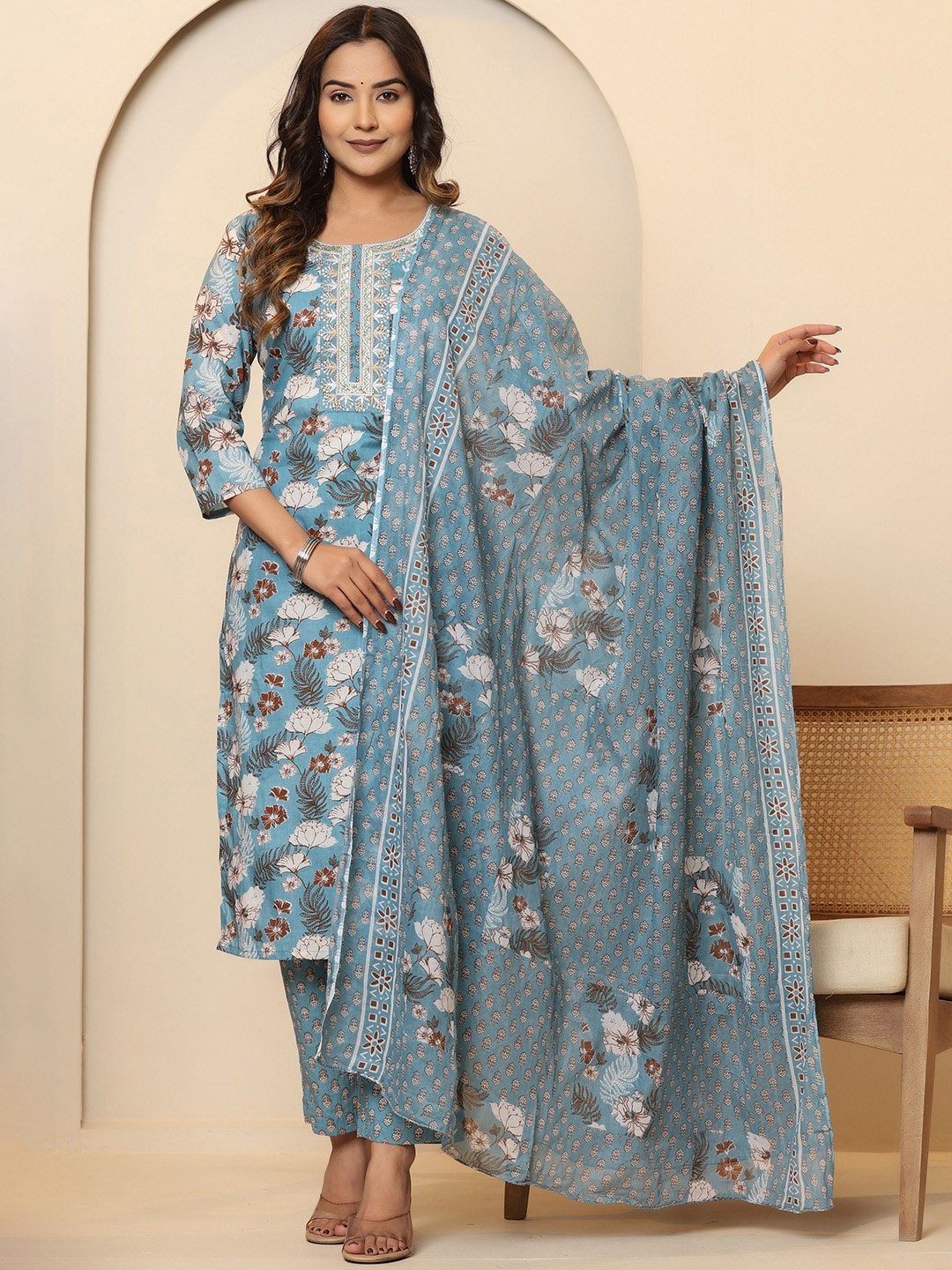 

PRIVIE Floral Printed Pure Cotton Kurta With Trousers & Dupatta, Blue