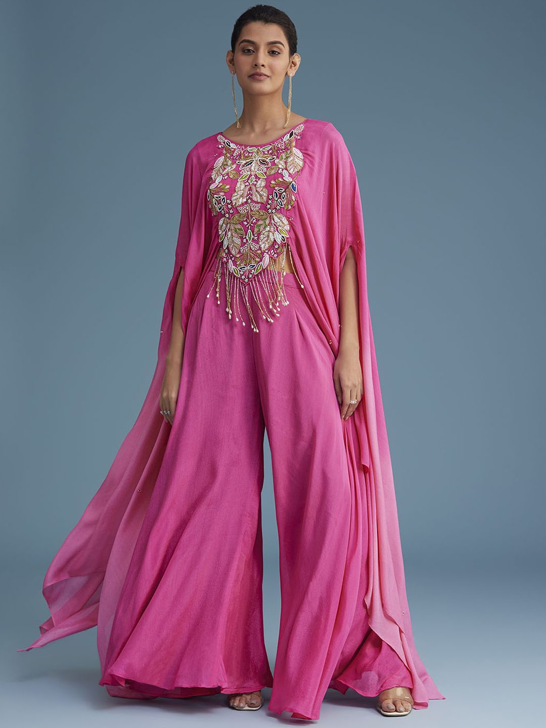 

KALKI Fashion Floral Embroidered Beads & Stones Georgette Top With Palazzo, Pink