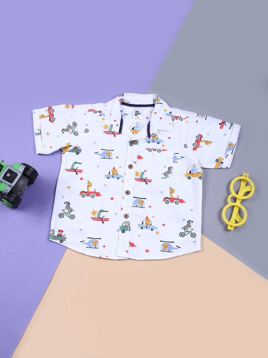 

V-Mart Boys Spread Collar Conversational Printed Cotton Casual Shirt, White