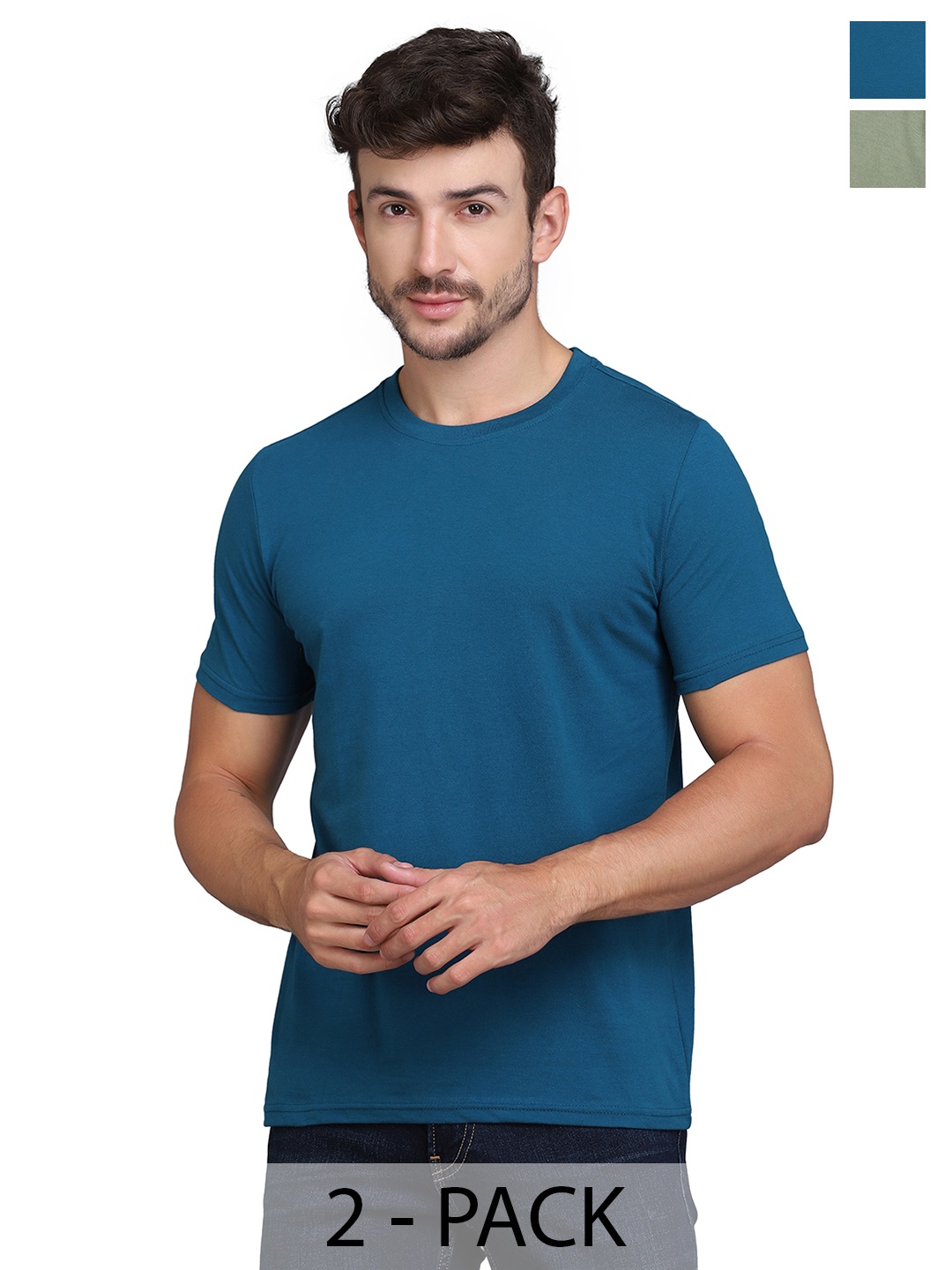 

WOOSTRO Men Pack Of 2 Solid Round Neck Cotton Slim Fit T-shirts, Green