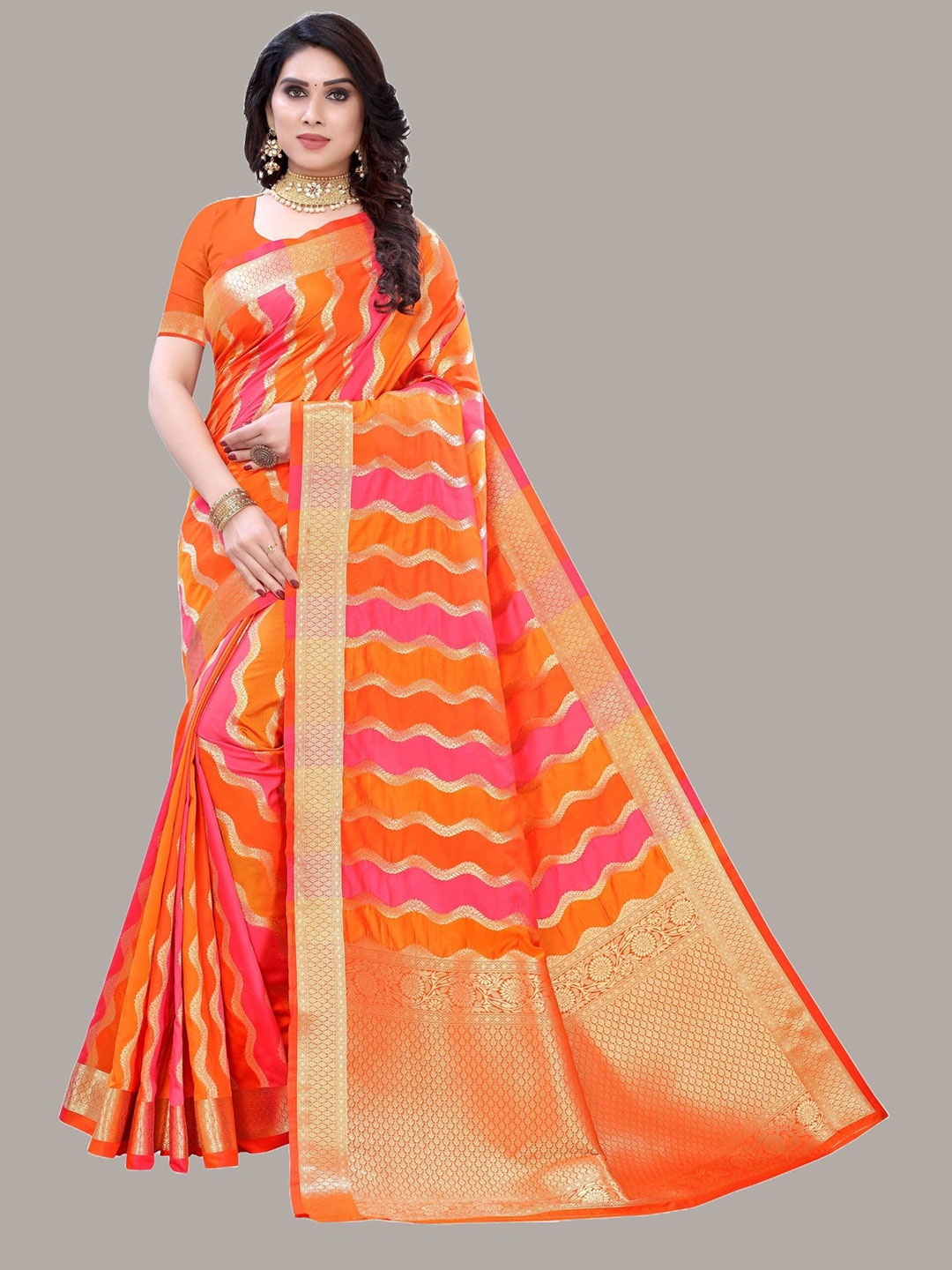 

DIVASTRI Leheriya Zari Silk Blend Designer Banarasi Saree, Orange