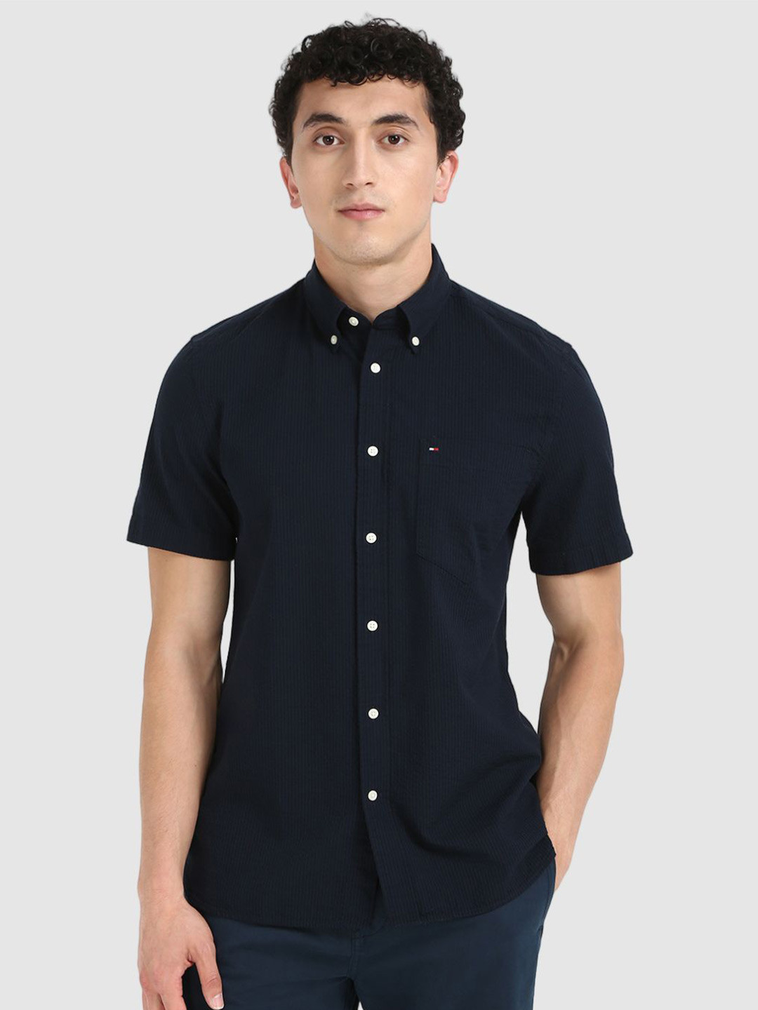 

Tommy Hilfiger Men Button-Down Collar Textured Cotton Casual Shirt, Navy blue