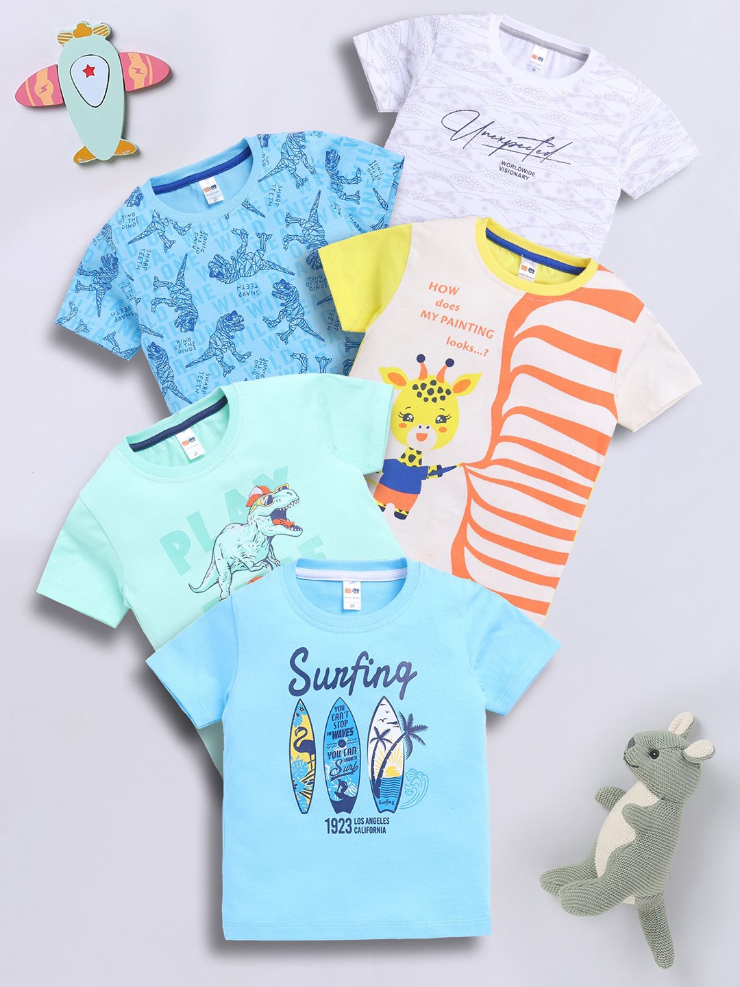 

LITTLE NINJA Boys Pack Of 5 Graphic Printed Round Neck Cotton T-shirts, Blue