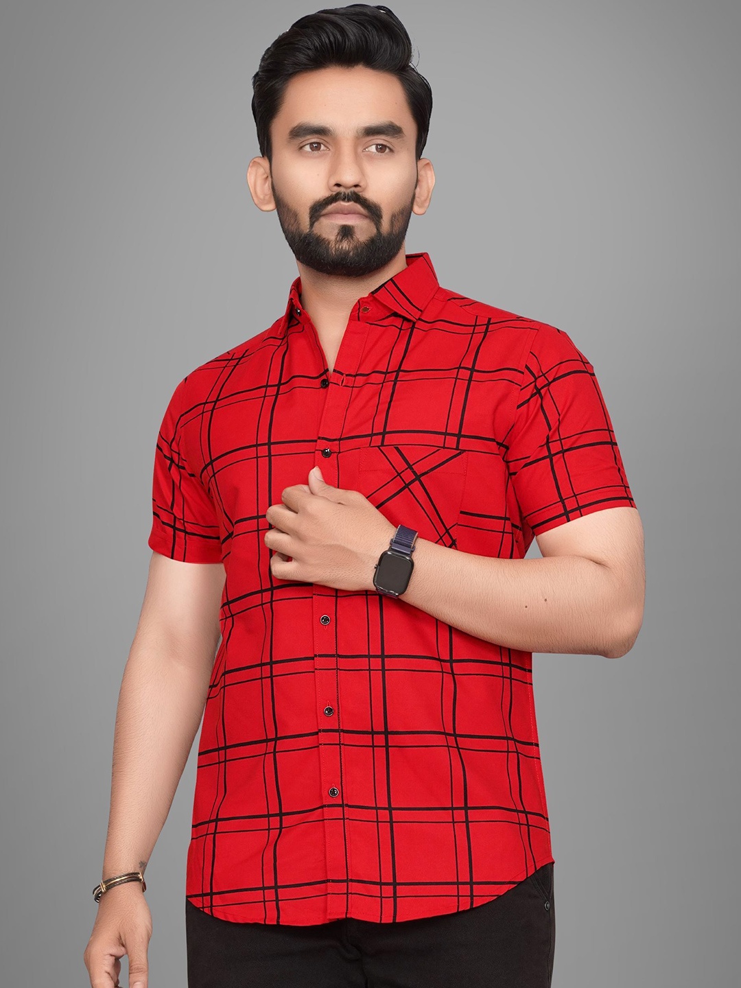 

Metronaut Men Regular Fit Spread Collar Checked Casual Shirt, Red