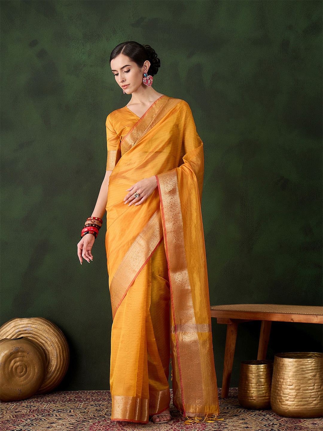 

MANVAA Zari Organza Saree, Yellow
