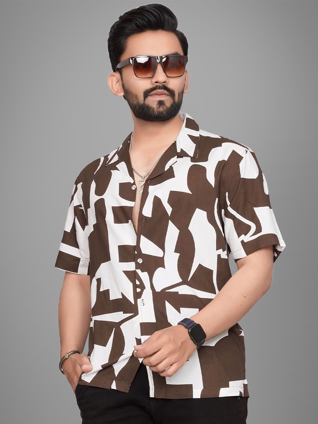 

Metronaut Men Regular Fit Cuban Collar Abstract Printed Casual Shirt, Coffee brown