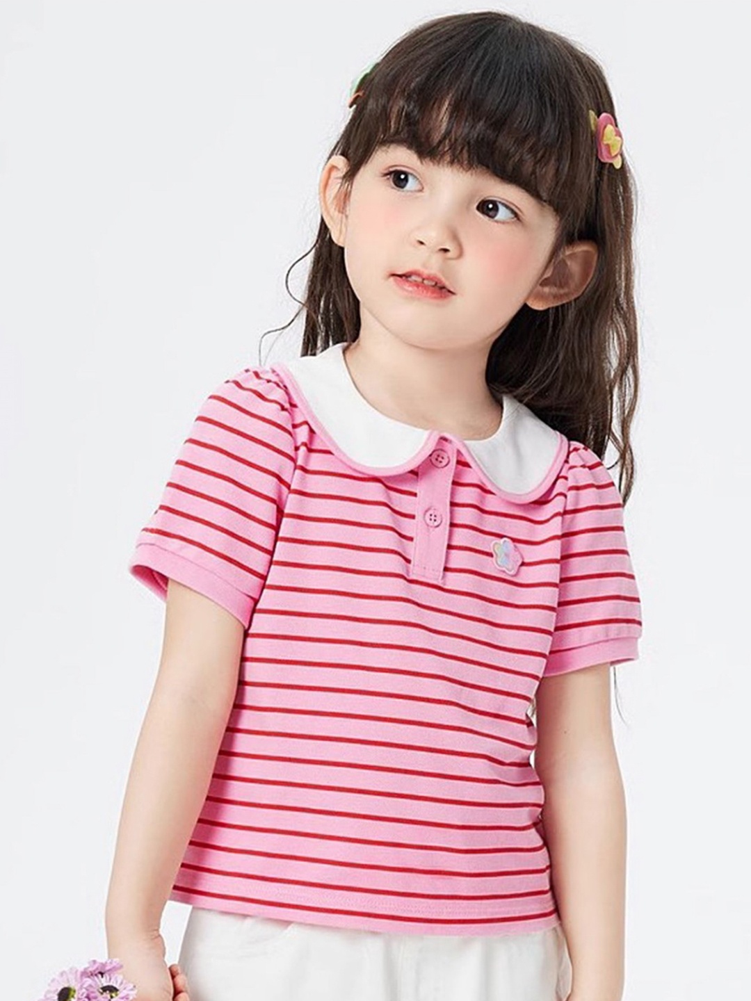 

LULU & SKY Boys Striped Peter Pan Collar Cotton T-shirt, Pink