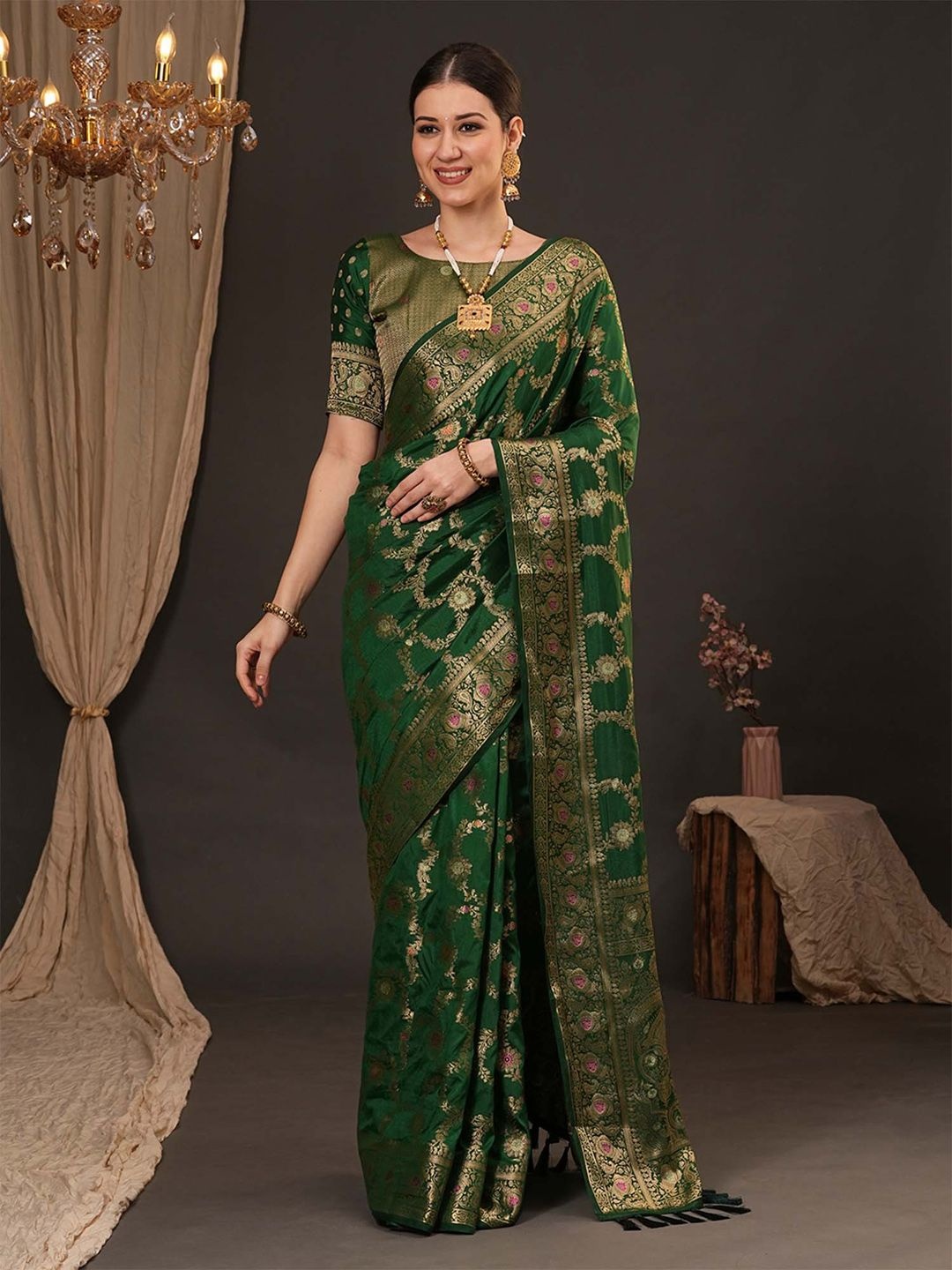 

Anouk Woven Design Zari Silk Blend Banarasi Saree, Green