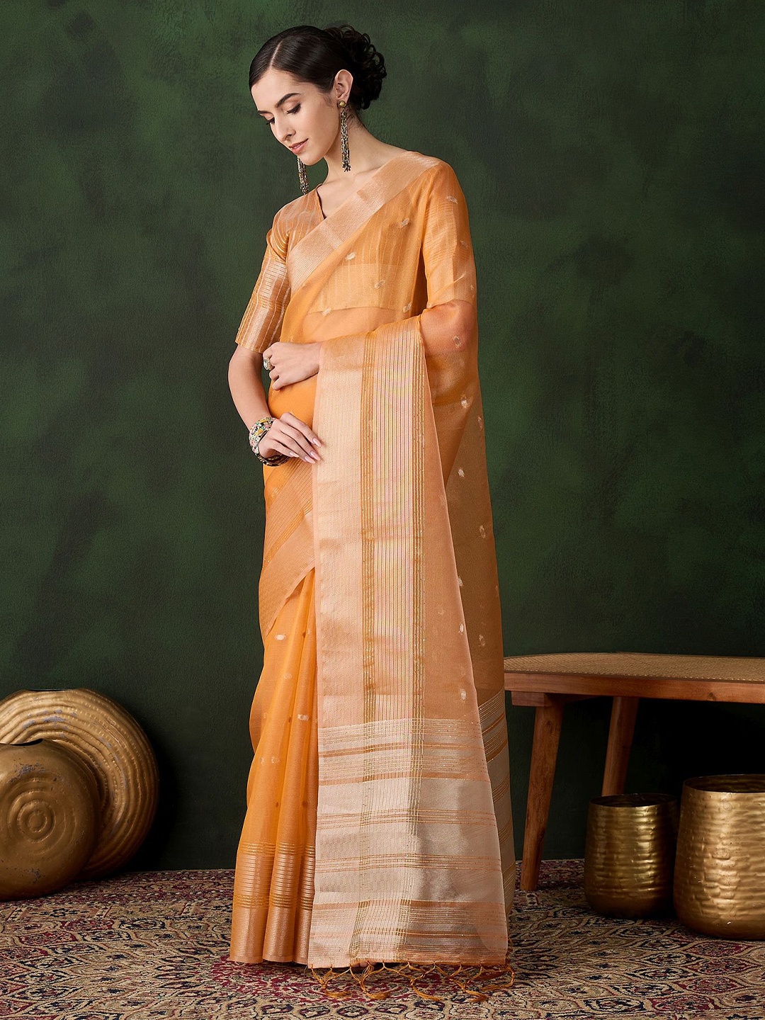 

MANVAA Floral Zari Organza Saree With Woven Design Border, Orange