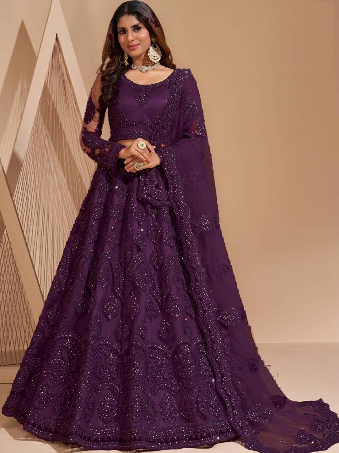 

ZAALIMA FASHION Floral Embroidered Thread Work Semi-Stitched Lehenga & Blouse With Dupatta, Purple