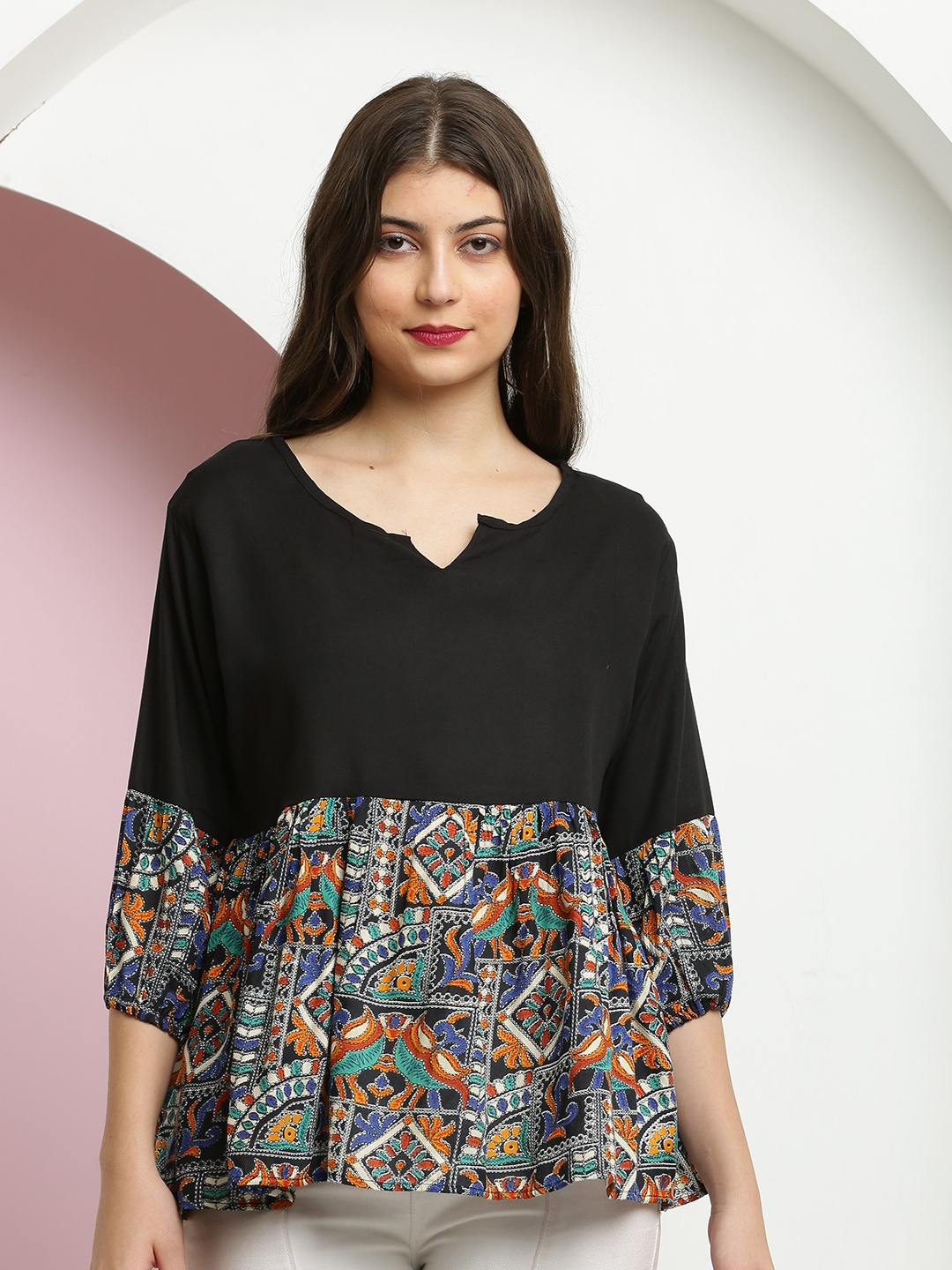 

ARJ FASHION Women Ethnic Printed Three-Quarter Sleeves Peplum Top, Black