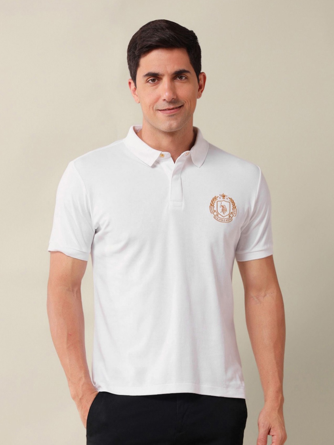 

U.S. Polo Assn. Men Brand Logo Printed Polo Collar Cotton Slim Fit T-shirt, White