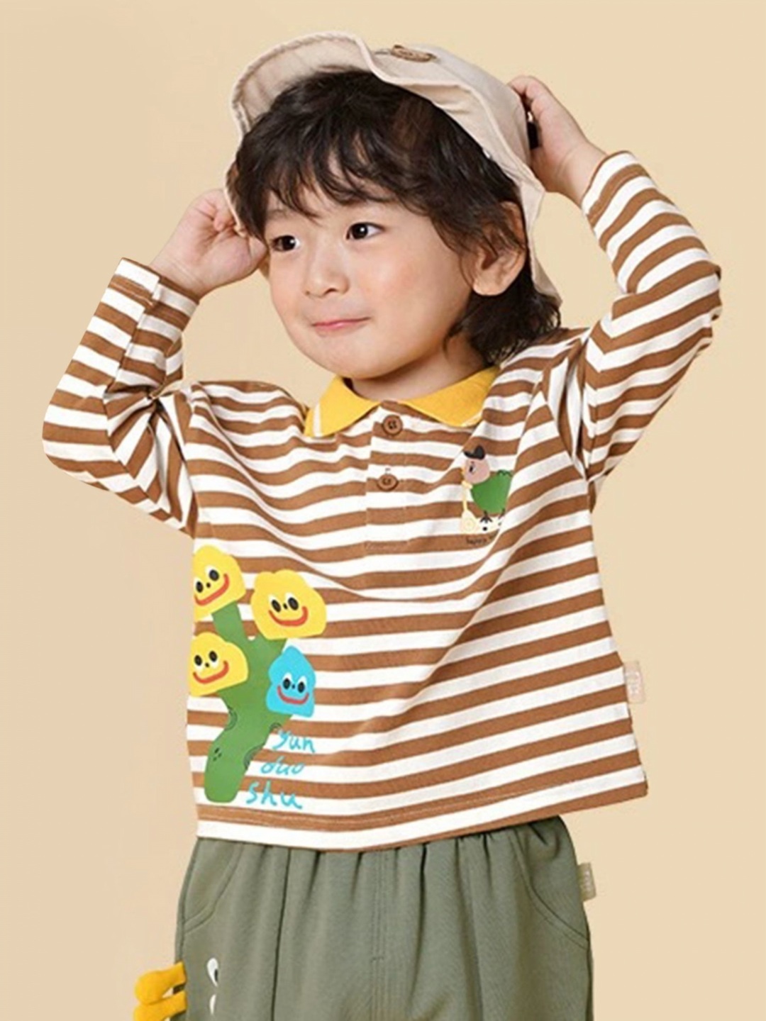 

LULU & SKY Girls Striped V-Neck Applique T-shirt, Coffee brown